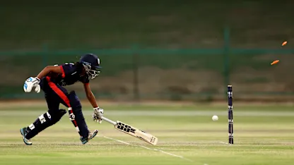 Pooja Ganesh of USA runs for the crease during the ICC Women's T20 World Cup Qualifier 2024 match between Thailand and USA at Zayed Cricket Stadium on May 01, 2024 in Abu Dhabi, United Arab Emirates.