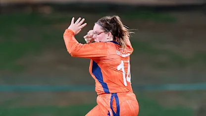 Caroline De Lange of the Netherlands bowls during the ICC Women's T20 World Cup Qualifier 2024 match between Netherlands and Ireland at Zayed Cricket Stadium on May 03, 2024 in Abu Dhabi, United Arab Emirates.