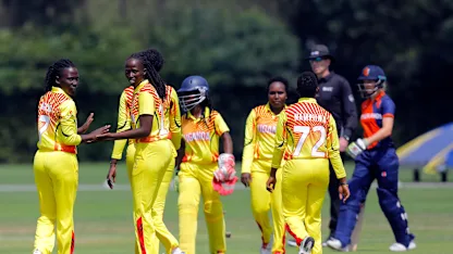 Logo of Ugandan players celebrate the dismissal of Netherland Batsman Kallis, 1st Play-off Semi-Final, ICC Women's World Twenty20 Qualifier at Utrecht, Jul 12th 2018.