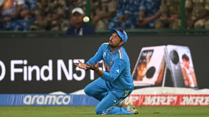 Logo of Kuldeep holds on to a brilliant catch to get Rashid Khan | CWC23