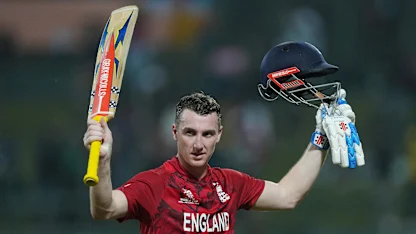 Harry Brook raises his bat for a T20 World Cup century