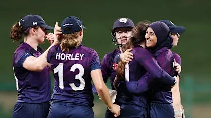 Katherine Fraser of Scotland celebrates the wicket of Harshitha Madavi of Sri Lanka during the ICC Women's T20 World Cup Qualifier 2024 Final match between Scotland and Sri Lanka at Zayed Cricket Stadium on May 07, 2024 in Abu Dhabi, United Arab Emirates.
