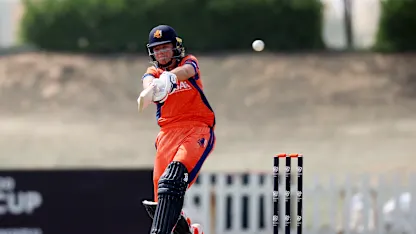 Sterre Kalis of the Netherlands hits four runs during the ICC Women's T20 World Cup Qualifier 2024 match between Zimbabwe and Netherlands at Tolerance Oval on May 01, 2024 in Abu Dhabi, United Arab Emirates.