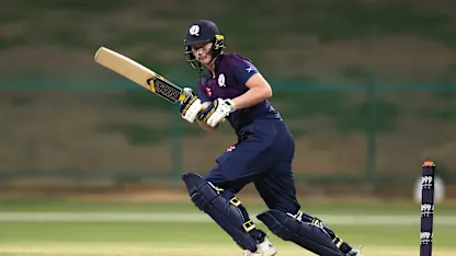Chloe Abel of Scotland plays a shot during the ICC Women's T20 World Cup Qualifier 2024 Final match between Scotland and Sri Lanka at Zayed Cricket Stadium on May 07, 2024 in Abu Dhabi, United Arab Emirates.