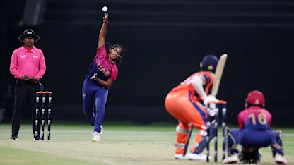 Vaishnave Mahesh of United Arab Emirates in bowling action during the ICC Women's T20 World Cup Qualifier 2024 match between Netherlands and United Arab Emirates at Zayed Cricket Stadium on April 29, 2024 in Abu Dhabi, United Arab Emirates.
