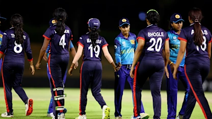 Players of Sri Lanka shakes hands with players of USA after the ICC Women's T20 World Cup Qualifier 2024 match between USA and Sri Lanka at Tolerance Oval on May 03, 2024 in Abu Dhabi, United Arab Emirates.