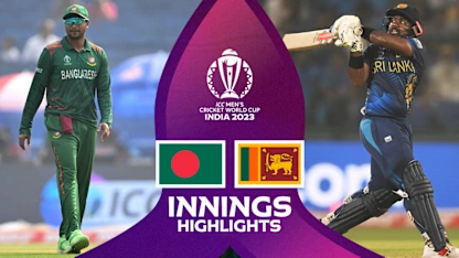 Logo of Charith Asalanka hundred drives Sri Lanka to good total against Bangladesh | Innings Highlights | CWC23