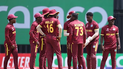 Micah McKenzie of West Indies celebrates the wicket of Adam Leckey of Ireland during the ICC U19 Men's Cricket World Cup 2026 Super Six match
