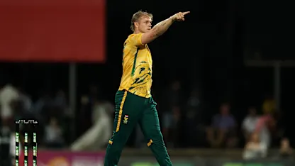 Corbin Bosch celebrates after taking the wicket of Adam Zampa