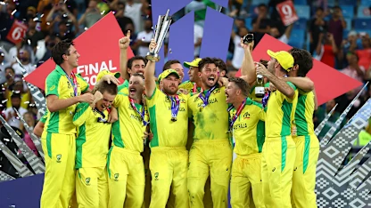 Logo of Australia lift the ICC Men's T20 World Cup trophy