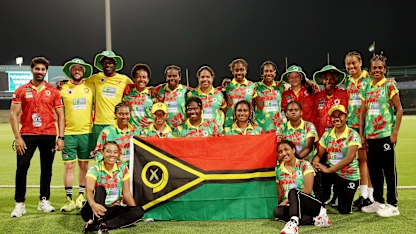 Players of Vanuatu pose for a team photograph after the ICC Women's T20 World Cup Qualifier 2024 match between Zimbabwe and Vanuatu at Zayed Cricket Stadium on April 25, 2024 in Abu Dhabi, United Arab Emirates.