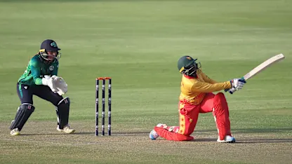 Pellagia Mujaji of Zimbabwe plays a shot as Amy Hunter of Ireland keeps during the ICC Women's T20 World Cup Qualifier 2024 match between Ireland and Zimbabwe at Zayed Cricket Stadium on April 29, 2024 in Abu Dhabi, United Arab Emirates.