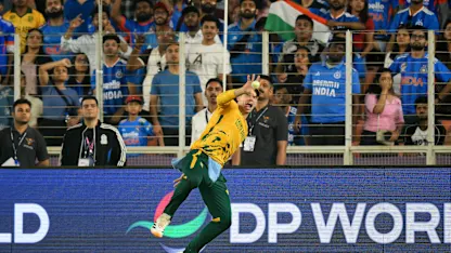 Tristan Stubbs of South Africa catches out Hardik Pandya of India during the ICC Men's T20 World Cup 2026 Super 8 match
