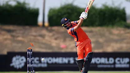 Sterre Kalis of Netherlands is bowled out during the ICC Women's T20 World Cup Qualifier 2024 match between Vanuatu and Netherlands at Tolerance Oval on April 27, 2024 in Abu Dhabi, United Arab Emirates.