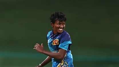 Kavisha Dilhari of Sri Lanka celebrates the wicket of Katherine Fraser of Scotland during the ICC Women's T20 World Cup Qualifier 2024 Final match between Scotland and Sri Lanka at Zayed Cricket Stadium on May 07, 2024 in Abu Dhabi, United Arab Emirates. 