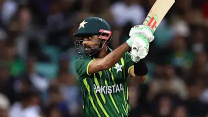 Logo of Babar Azam of Pakistan bats during the ICC Men's T20 World Cup Semi Final match between New Zealand and Pakistan 1920x1080