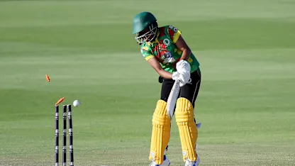 Vicky Mansale of Vanuatu is bowled out by Samaira Dharnidharka of United Arab Emirates (not pictured) during the ICC Women's T20 World Cup Qualifier 2024 match between United Arab Emirates and Vanuatu at Zayed Cricket Stadium on May 03, 2024 in Abu Dhabi, United Arab Emirates.
