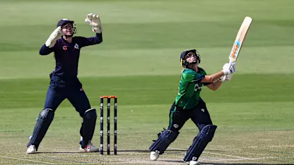 Eimear Richardson of Ireland bats as wicket keeper Sarah Bryce of Scotland looks on during the ICC Women's T20 World Cup Qualifier 2024 Semi-Final match between Ireland and Scotland at Zayed Cricket Stadium on May 05, 2024 in Abu Dhabi, United Arab Emirates.