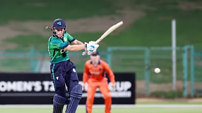 Orla Prendergast of Ireland bats during the ICC Women's T20 World Cup Qualifier 2024 match between Netherlands and Ireland at Zayed Cricket Stadium on May 03, 2024 in Abu Dhabi, United Arab Emirates.