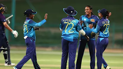 Inoshi Fernando of Sri Lanka celebrates the wicket of Priyanaz Chatterji of Scotland during the ICC Women's T20 World Cup Qualifier 2024 Final match between Scotland and Sri Lanka at Zayed Cricket Stadium on May 07, 2024 in Abu Dhabi, United Arab Emirates.