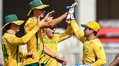 South Africa's players celebrate after the dismissal of West Indies' captain Shai Hope