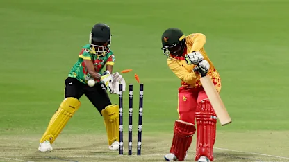Loreen Tshuma of Zimbabwe is bowled out by Vanessa Vira of Vanuatu (not pictured) during the ICC Women's T20 World Cup Qualifier 2024 match between Zimbabwe and Vanuatu at Zayed Cricket Stadium on April 25, 2024 in Abu Dhabi, United Arab Emirates.