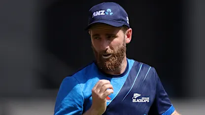 Logo of Kane Williamson of New Zealand warms up during the ICC Men's Cricket World Cup India 2023 England & New Zealand Net Sessions at Narendra Modi Stadium
