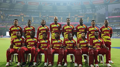 Players of West Indies pose for a team picture ahead of the ICC Men's T20 World Cup 2026 Super 8 match between Zimbabwe and West Indies