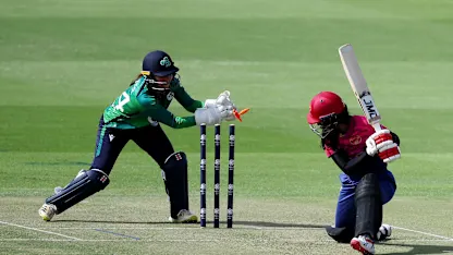Khushi Sharma of United Arab Emirates is stumped by Wicket Keeper Amy Hunter of Ireland during the ICC Women's T20 World Cup Qualifier 2024 match between Ireland and United Arab Emirates at Zayed Cricket Stadium on April 25, 2024 in Abu Dhabi, United Arab Emirates.