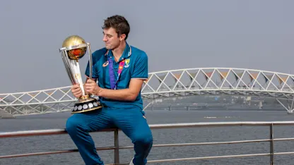 Australia captain Pat Cummins in front of the Atal Pedestrian Bridge at the Sabarmati Riverfront in Ahmedabad after winning the ICC Men's Cricket World Cup 2023