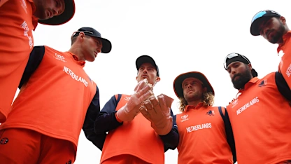 Logo of Scott Edwards of Netherlands speaks to their side in the huddle during the ICC Men's Cricket World Cup Qualifier Zimbabwe 2023 Super 6 match between Netherlands and Oman