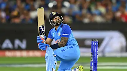 Logo of Suryakumar Yadav of India bats during the ICC Men's T20 World Cup match between India and Zimbabwe