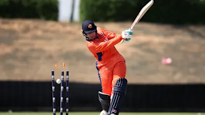 Heather Siegers is bowled by Selina Solman of Vanuatu during the ICC Women's T20 World Cup Qualifier 2024 match between Vanuatu and Netherlands at Tolerance Oval on April 27, 2024 in Abu Dhabi, United Arab Emirates.