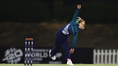 Chanida Sutthiruang of Thailand in bowling action during the ICC Women's T20 World Cup Qualifier 2024 match between Uganda and Thailand at Tolerance Oval on April 29, 2024 in Abu Dhabi, United Arab Emirates.