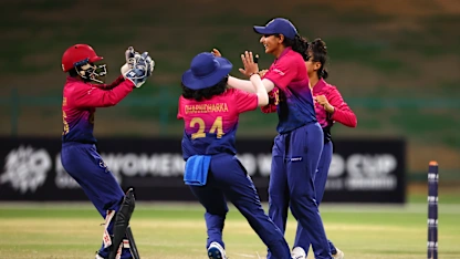 Esha Oza of United Arab Emirates celebrates the wicket of Vishmi Gunaratne of Sri Lanka during the ICC Women's T20 World Cup Qualifier 2024 Semi-Final match between United Arab Emirates and Sri Lanka at Zayed Cricket Stadium on May 05, 2024 in Abu Dhabi, United Arab Emirates.