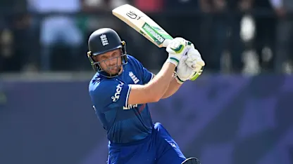 Logo of England captain Jos Buttler bats during the ICC Men's Cricket World Cup India 2023 between England and Bangladesh at HPCA Stadium