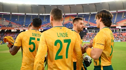 South Africa players celebrate after victory in Ahmedabad