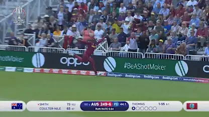 CWC19: AUS v WI - Brilliant running catch and fancy footwork from Cottrell gets rid of Steve Smith