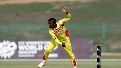 Immaculate Nakisuuyi of Uganda bowls during the ICC Women's T20 World Cup Qualifier 2024 match between Sri Lanka and Uganda at Zayed Cricket Stadium on May 01, 2024 in Abu Dhabi, United Arab Emirates.
