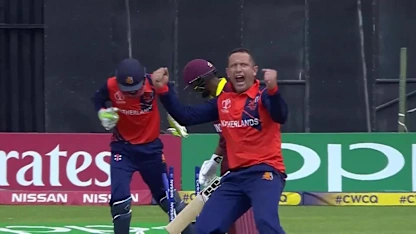 Logo of Shai Hope bowled by Roelof van der Merwe