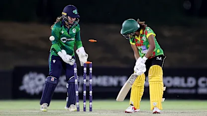 Gillian Chilia of Vanuatu is bowled out during the ICC Women's T20 World Cup Qualifier 2024 match between Vanuatu and Ireland at Tolerance Oval on May 01, 2024 in Abu Dhabi, United Arab Emirates.