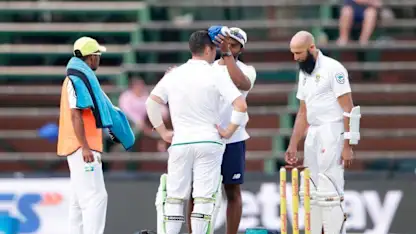 Dean Elgar received treatment after a blow to the helmet