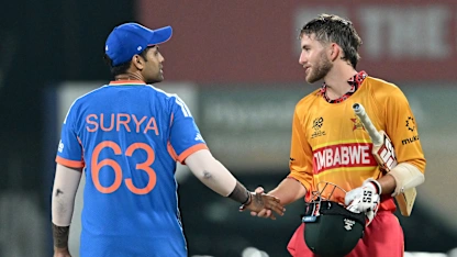 Suryakumar Yadav and Brian Bennett shake hands after India's win over Zimbabwe