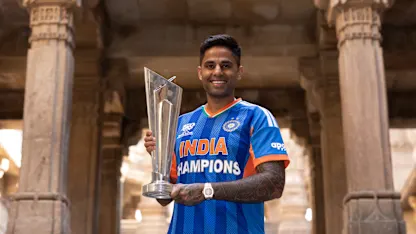 ICC MEN'S T20 WORLD CUP WINNING CAPTAIN SURYAKUMAR YADAV WITH COVETED WORLD CUP TROPHY. INDIA ARE NOW RECORD, THREE-TIME ICC MEN'S T20 WORLD CUP CHAMPIONS. PHOTO CREDIT: GETTY IMAGES FOR ICC