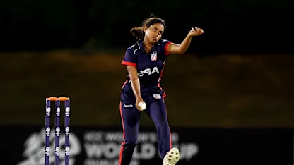 Saanvi Immadi of USA bowls during the ICC Women's T20 World Cup Qualifier 2024 match between USA and Sri Lanka at Tolerance Oval on May 03, 2024 in Abu Dhabi, United Arab Emirates.
