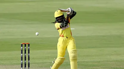Janet Mbabazi of Uganda bats during the ICC Women's T20 World Cup Qualifier 2024 match between Sri Lanka and Uganda at Zayed Cricket Stadium on May 01, 2024 in Abu Dhabi, United Arab Emirates. 