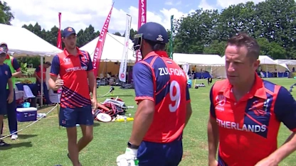 Logo of CWCQ: Teammates congratulate Sikander Zulfiqar on his 53*