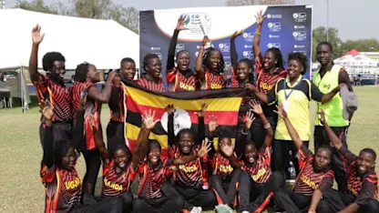Uganda celebrate their win over Zimbabwe