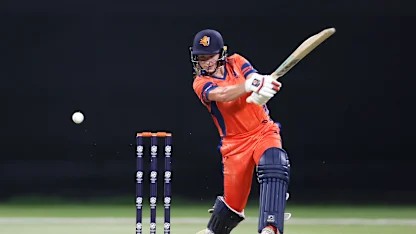 Robine Rijke of Netherlands plays a shot during the ICC Women's T20 World Cup Qualifier 2024 match between Netherlands and United Arab Emirates at Zayed Cricket Stadium on April 29, 2024 in Abu Dhabi, United Arab Emirates.