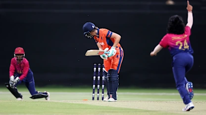 Babette de Leede of Netherlands is bowled by Samaira Dharnidharka during the ICC Women's T20 World Cup Qualifier 2024 match between Netherlands and United Arab Emirates at Zayed Cricket Stadium on April 29, 2024 in Abu Dhabi, United Arab Emirates.